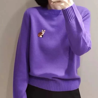 C424淑女圆领多巴胺色动物刺绣贴布针织套头上衣0.42