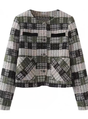 C452复古格纹拼接短外套女千金风小香风外套