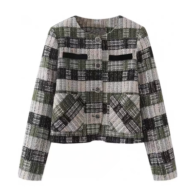 C452复古格纹拼接短外套女千金风小香风外套