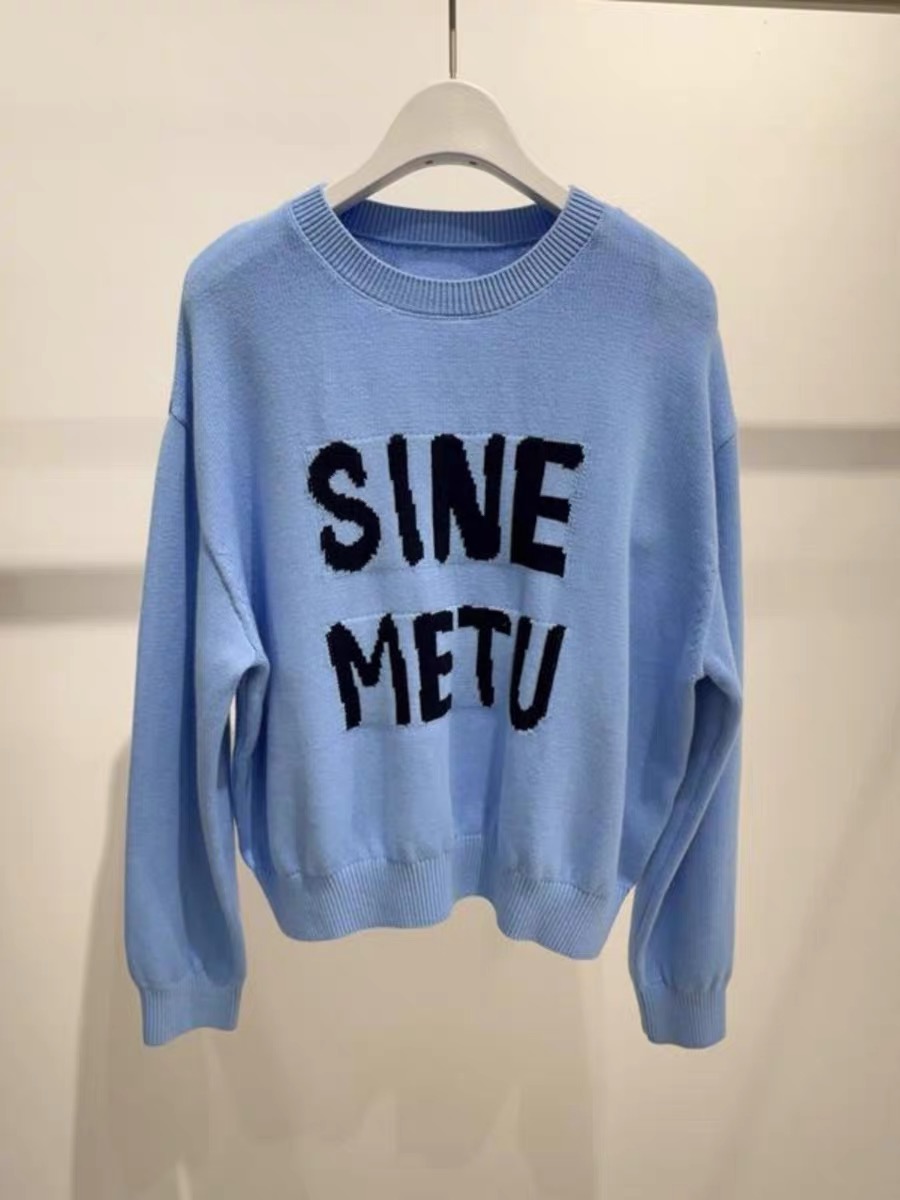 A922新款蓝色宽松纯棉显瘦圆领针织衫毛衣上衣女4G2130351