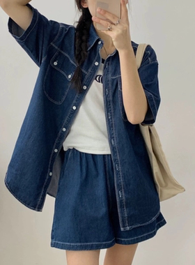 E413柔软舒适短袖牛仔衬衫女夏季新款宽松休闲高腰阔腿短裤套装