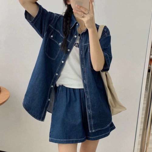 E413柔软舒适短袖牛仔衬衫女夏季新款宽松休闲高腰阔腿短裤套装