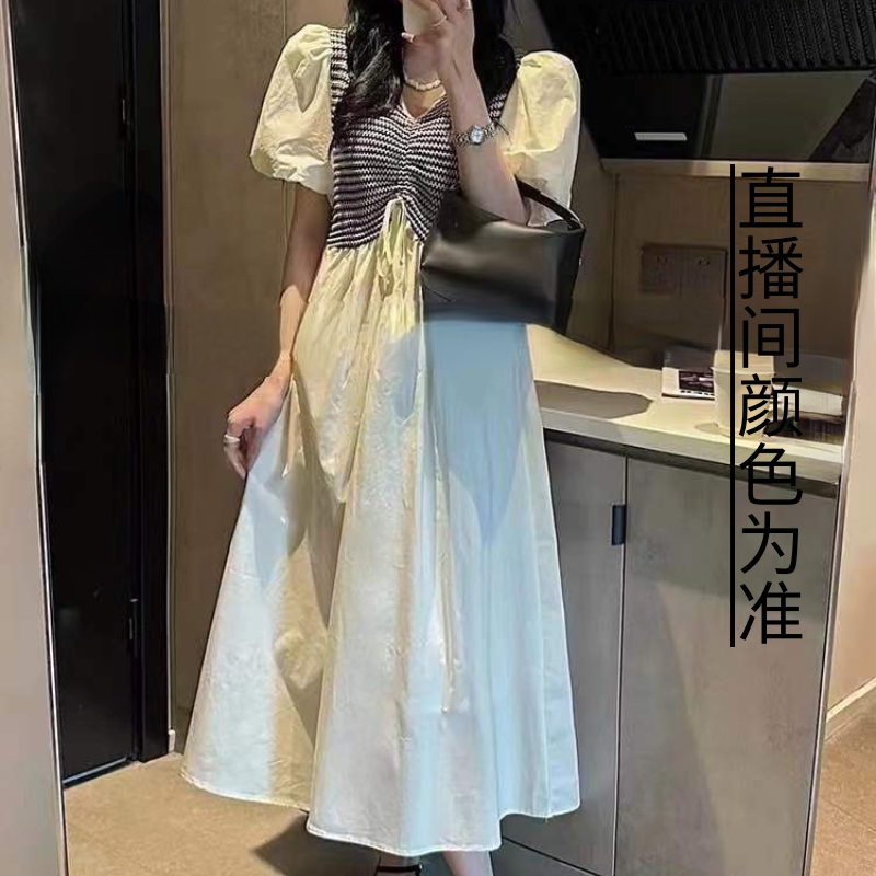 法式连衣裙泡泡袖假两件收腰长裙