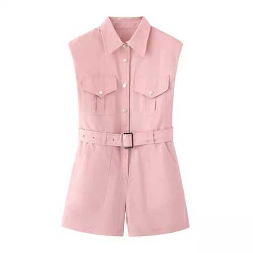 B504粉色工装连体裤女夏小个子韩系宽松休闲收腰显瘦连体短裤