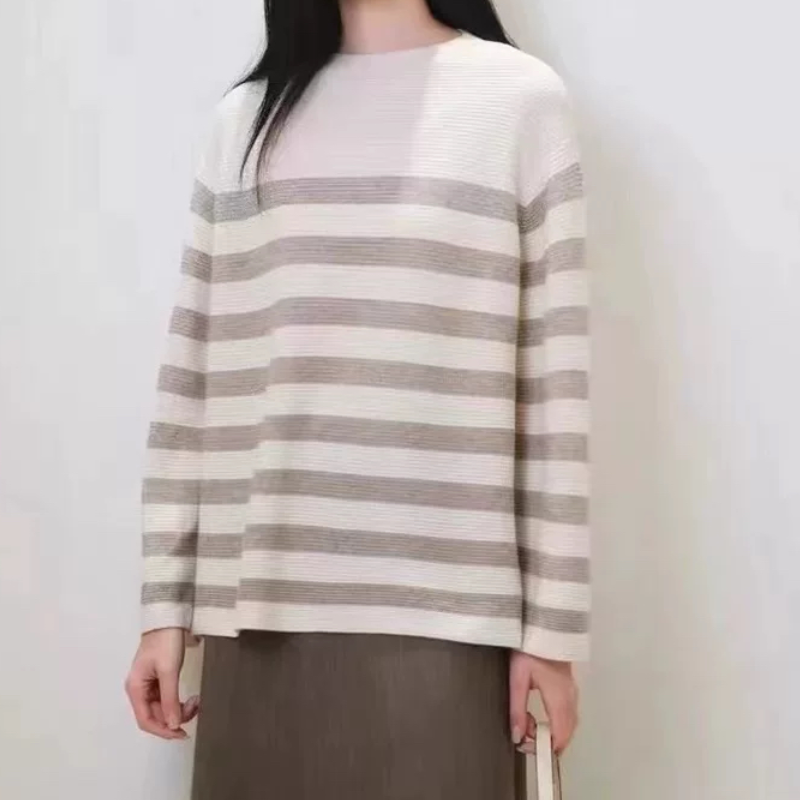 B342针织衫 淑女通勤原色系条纹宽松廓形套头上衣