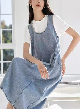 C834牛仔背心裙女夏季新款韩版时尚简约气质圆领无袖连衣裙长裙