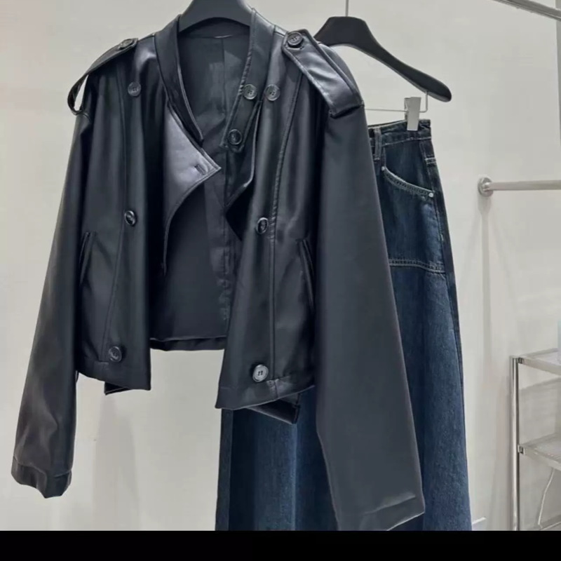 B143高货柔软立领机车服有内衬黑色pu水洗软皮皮衣女