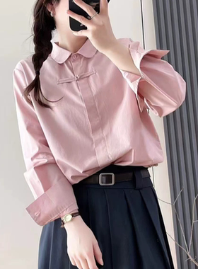 E854欧货国风侧边盘扣长袖白色衬衫女春秋新款时尚洋气童朋领上衣