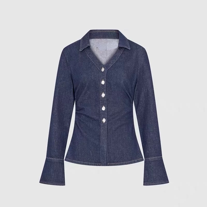 B152通勤复古气质休闲纽扣褶皱收腰V领休闲弹力牛仔衬衫外套女