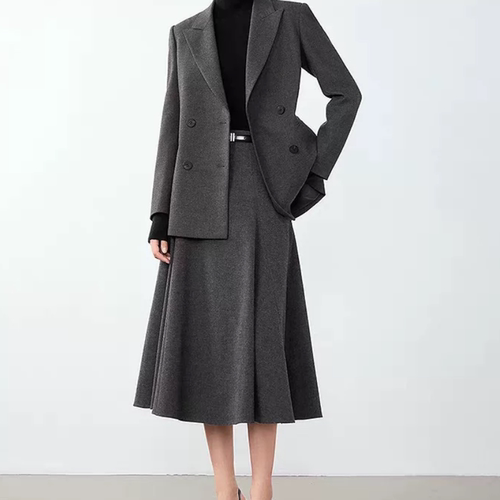 C612两件套装 女秋冬新款复古灰色气质职业西服西装外套半身裙