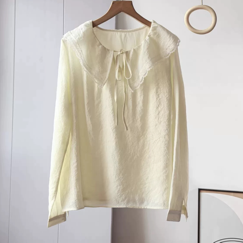 A304 法式蕾丝边荷叶领宽松显瘦薄款有内衬新款长袖衬衫女