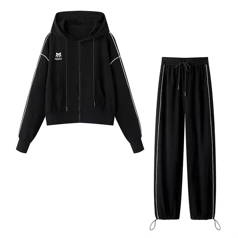 B223秋款翻领拉链半开襟卫衣+抽绳松紧腰直筒裤休闲套装