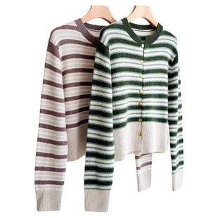 B643撞色条纹圆领长袖 外套女秋 针织开衫