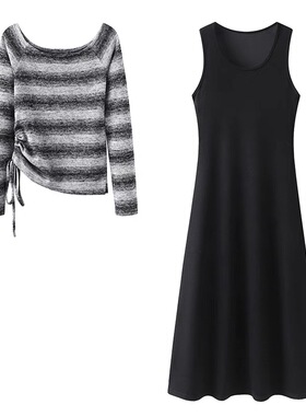 B432影系秋季新款新款盐系抽绳针织衫黑色背心裙两件套 女套装