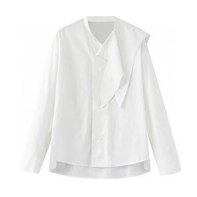 A803衬衫女装春夏新款时尚百搭宽松显瘦长袖V领飘带设计感上衣