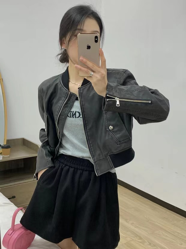 A732女装立领短款仿皮飞行员夹克外套皮衣短款做旧水洗皮机车服