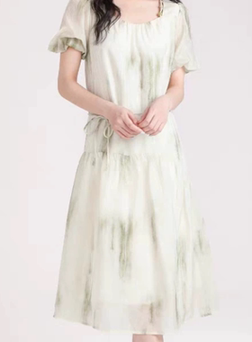 D933方领绿色连衣裙女夏新款渐变晕染欧若风海边度假裙子