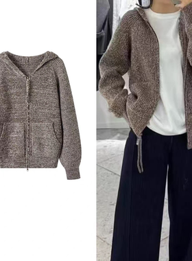 A444短外套 女装冬季新款宽松连帽拉链针织开衫针织衫上衣短外套