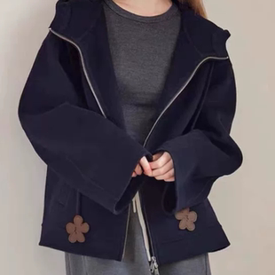 C223连帽呢子大衣女秋冬新款双面毛呢外套小个子赫本风高级感短款