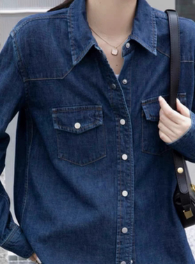B002纯色口袋宽松显瘦翻领单排扣春季新款长袖百搭女按扣牛仔衬衫
