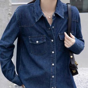 百搭女按扣牛仔衬衫 长袖 新款 B002纯色口袋宽松显瘦翻领单排扣春季
