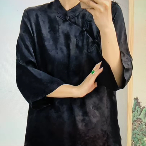 D623新中式国风重磅提花人丝上衣女夏季休闲中袖套头衬衫女