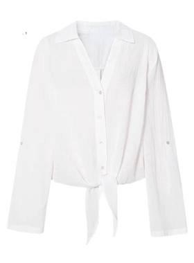 B504清爽出游打结长袖可挽袖亚麻呼吸感开衫衬衫女