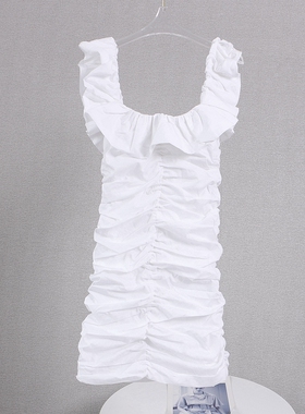 连衣裙女夏季新品时尚荷叶边一字领松紧褶皱装饰修身裙子B452