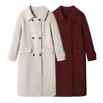 B234冬新款高级感中长双排扣纯手工加厚过膝双面羊绒大衣扣子不同