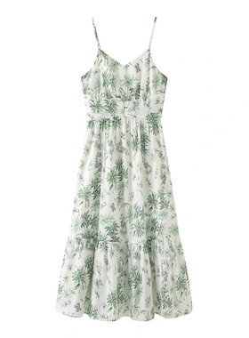 E753夏季新款绿色碎花连衣裙后背松紧收腰中长款V领吊带裙子