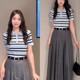 设计感针织冰丝短袖 正肩女夏季 上衣 小个子短款 A912蓝色条纹polo衫