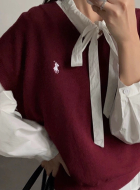 A463韩系鸡心领红色针织马甲背心女叠穿刺绣无袖毛衣学院风