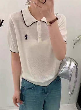 A802小猫刺绣POLO衫女装柔软薄款针织衫短袖宽松翻领条纹百搭上衣