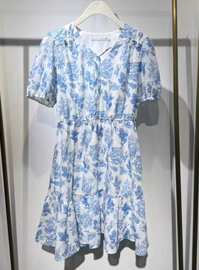 B534夏法式百搭收腰碎花V领全棉绣花连衣裙女
