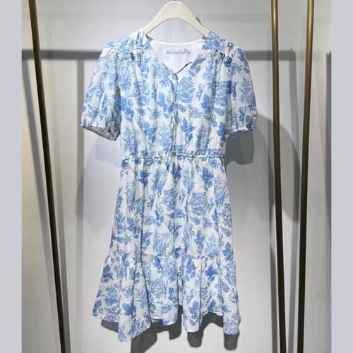 B534夏法式百搭收腰碎花V领系带棉绣花连衣裙女