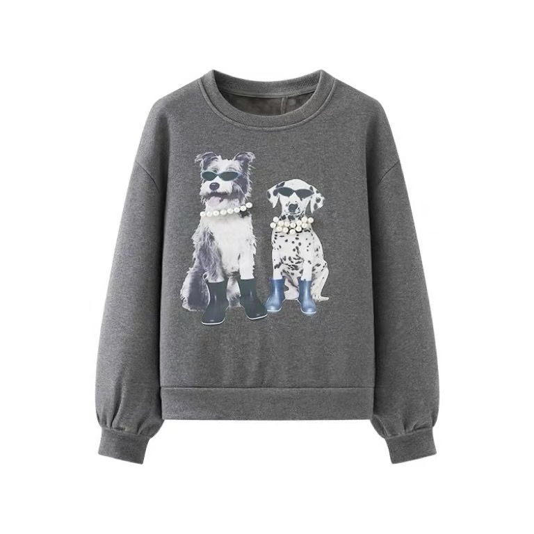 B652卡通狗印花钉珠宽松加绒加厚圆领秋新款长袖减龄女装卫衣