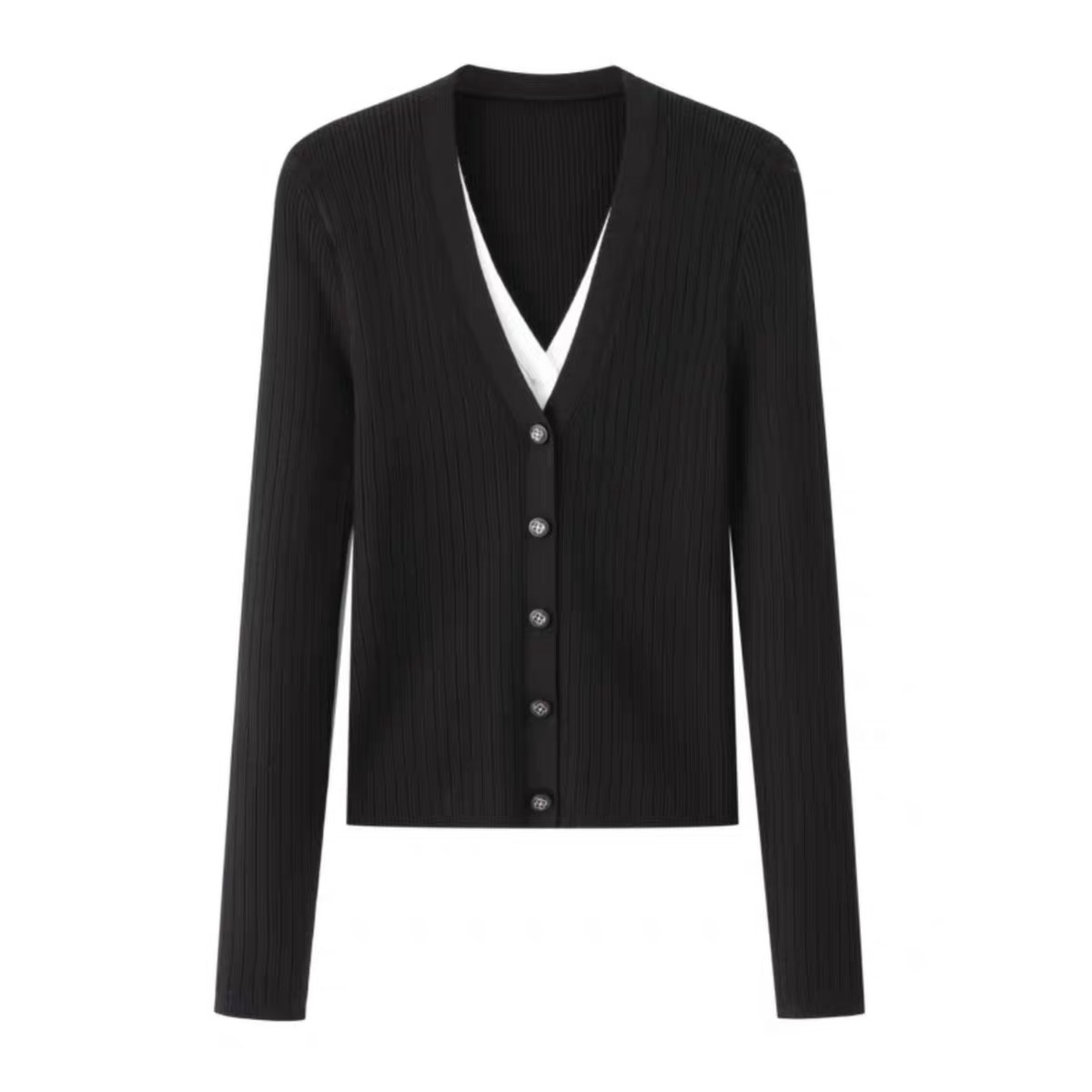 C133水墨黑撞色假两件显瘦修身V领单排扣秋新款长袖毛衣女针织衫