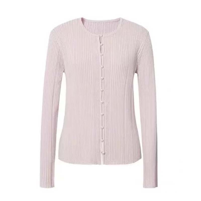 A954伊坑条亮丝圆领薄款柔软舒适针织衫珍珠扣开衫毛衫秋女