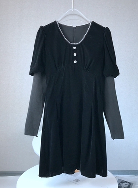 甜美时尚珠子圆领拼接松紧袖修身百搭金丝绒 连衣裙 A551