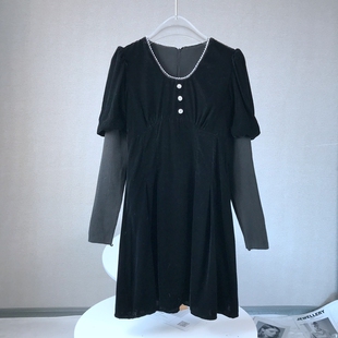 百搭金丝绒连衣裙 修身 A551 珠子圆领拼接松紧袖 甜美时尚