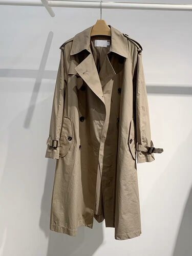 B503新款卡其绿纯色腰带休闲翻领柔然宽松范风衣外套女