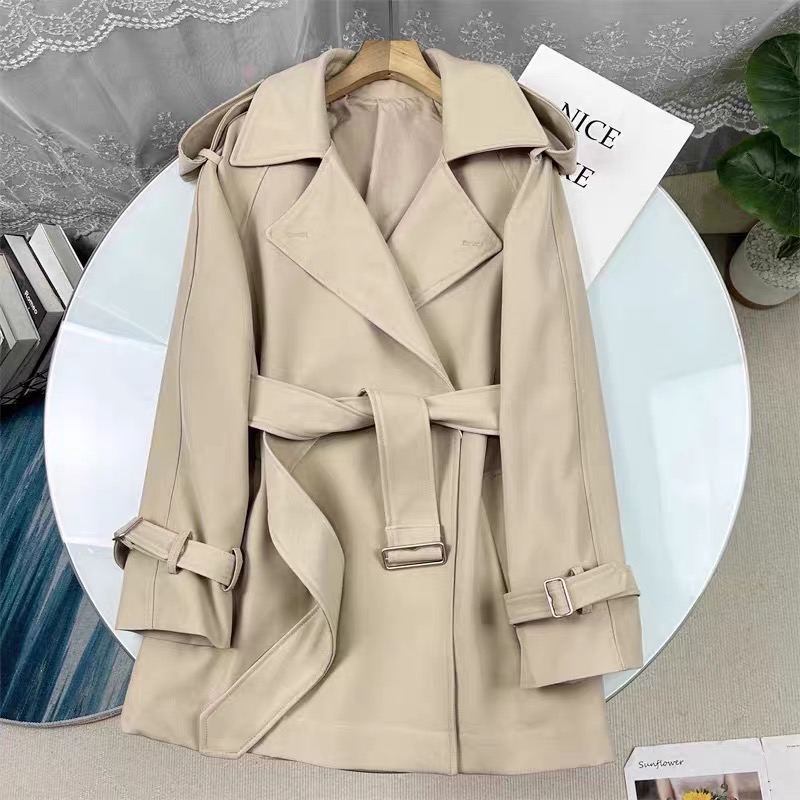 A624 秋季新款风衣浅米色中长款收腰外套