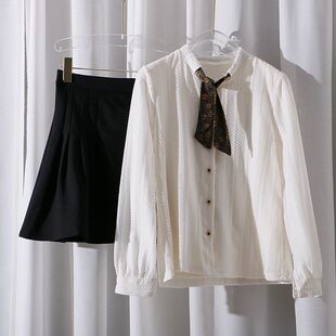 肌理感 立领撞色碎花系带长袖 百褶小短裙防走光女D524 新款 套装