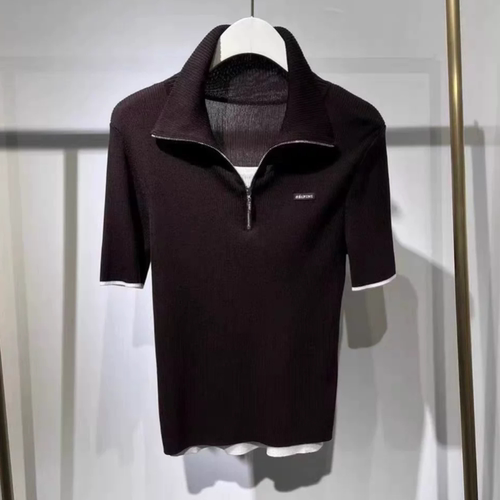 E653清仓针织假两件短袖拼色上衣polo衫女