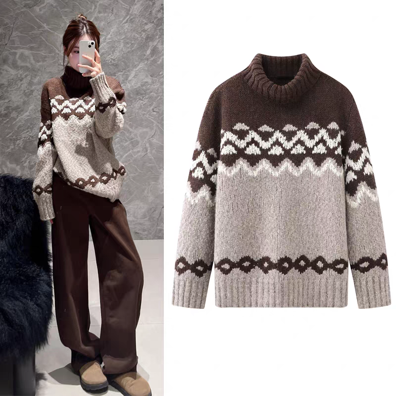 C414毛衣冬季新品复古撞色提花费尔岛花纹高领内搭针织衫上衣女,女装/女士精品,毛针织衫,淘宝优惠券,粉丝福利购,淘宝优惠卷