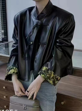 E013立领新中式中国风西服短外套女早春新款设计感盘扣水洗PU皮衣