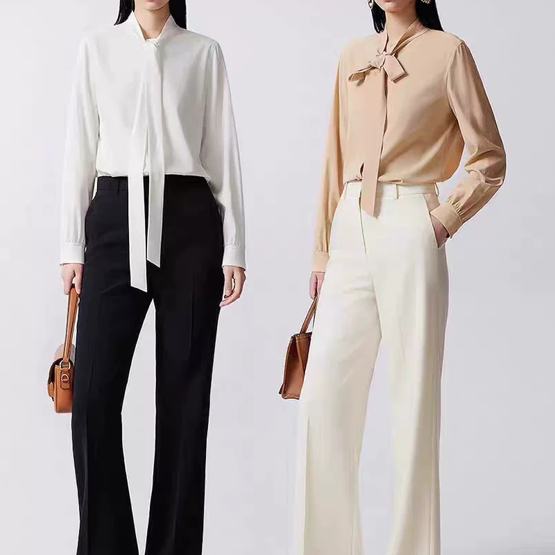 A552春季女装重磅垂感雪纺系带长袖衬衫女春季衬衫