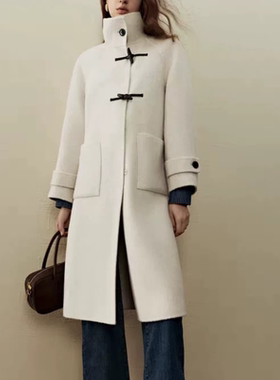 B464冬季新款气质立领牛角扣双面呢大衣外套牛角扣设计