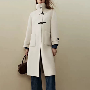 B464冬季新款气质立领牛角扣双面呢大衣外套牛角扣设计