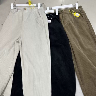 E313灯芯绒休闲裤 女小个子秋冬加绒梨形身材宽瘦高腰九分直筒裤